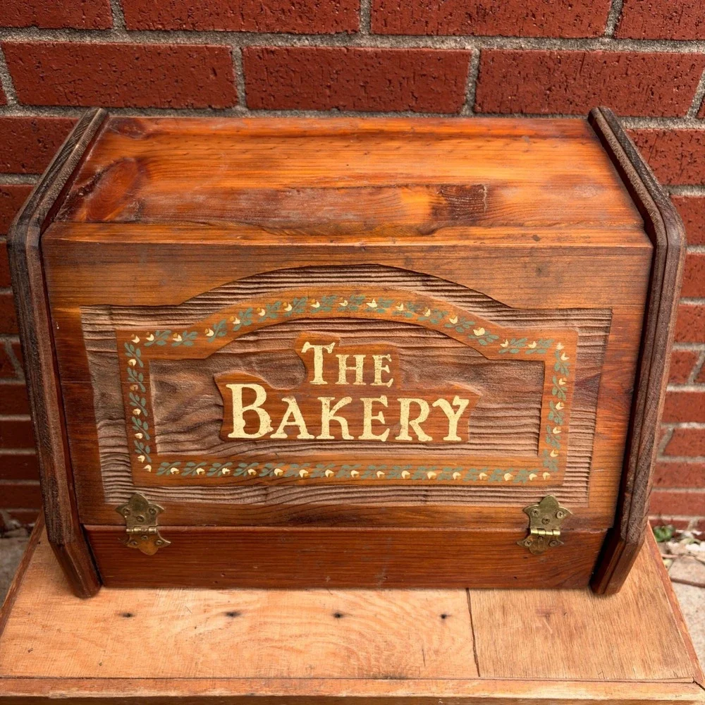 Vintage Wooden Bakery Bread Box Hinged Front Panel Rustic Finish 16